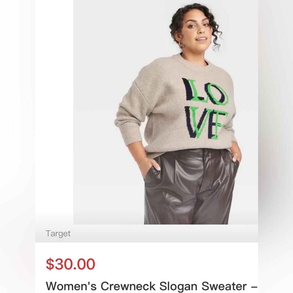 a new day Beige Knit 'LOVE' Crewneck Sweater with Green and Black Lettering